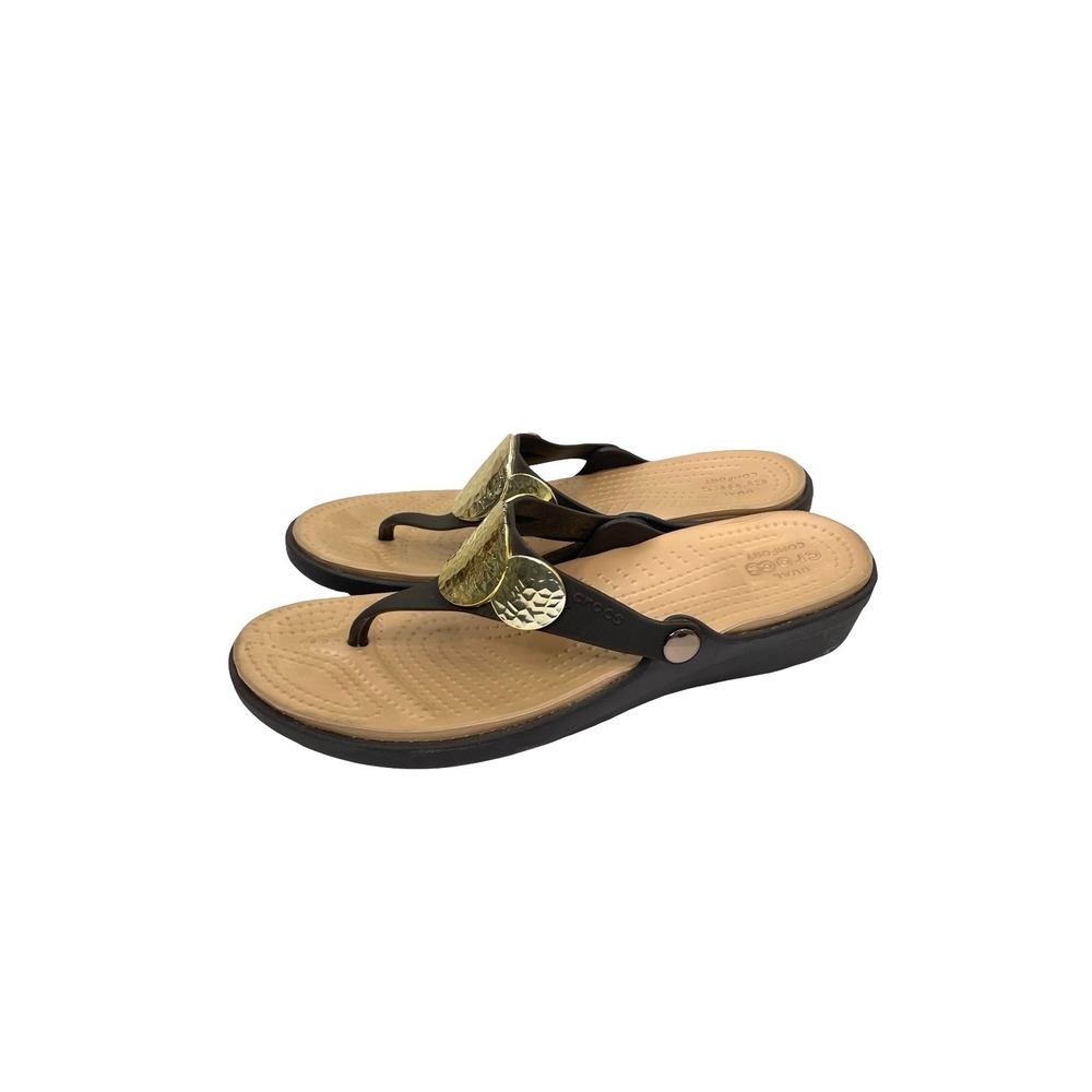 Crocs Sanrah Hammered Circle Wedge Flip Sandals Size 11 brown tan